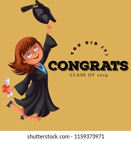 Congrats graduation class of 2018 flat colorful poster. Happy girl alumnus holding diploma in hands and jumping for joy vector illustration