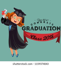 Congrats graduation class of 2018 flat colorful poster. Happy girl alumnus holding diploma in hands and jumping for joy vector illustration.