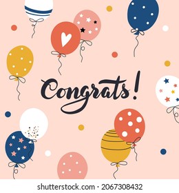 Congrats! Greeting card template with calligraphy text and air balloon. Hand drawn vector illustration..