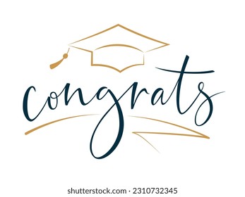 Congrats Greeting sign with academic cap. Congrats Graduates. Congratulating vector banner for graduation party, prom, congratulation ceremony, greeting card. University, school, academy grads symbol