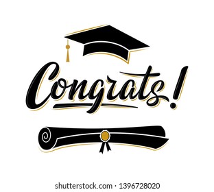 Congrats! greeting sign for graduation party. Class of 2019. Academic cap and diploma. Vector design for congratulation ceremony, invitation card, banner. Grads symbol for university, school, academy