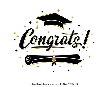 Congrats! greeting sign for graduation party. Class of 2019. Academic cap and diploma. Vector design for congratulation ceremony, invitation card, banner. Grads symbol for university, school, academy