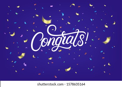 Congrats hand written lettering text with colorful sparkles confetti on blue background. Use us template for party, sale, holiday congratulations banner. Realistic festive style. Vector illustration.