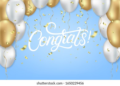 Felicitaciones por su texto escrito a mano con globos blancos y dorados y chispas doradas y confetti brillante sobre fondo azul. Estilo festivo y realista. Celebra la plantilla. Vector