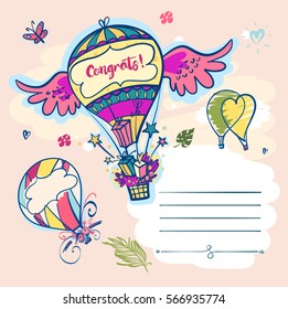 Congrats happy birthday. Color vector balloon with wings. Open space for text.