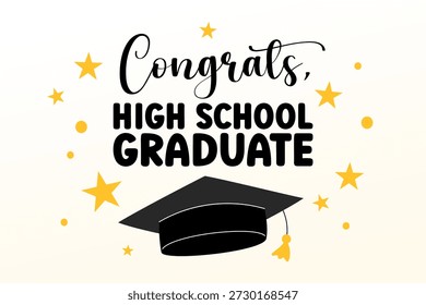 Felicidades graduado de la escuela secundaria. Ilustración vectorial. Impresión de graduación simple para graduados de último año, estudiantes de secundaria. Diseño colorido lindo, texto juguetón y Elementos educativos.