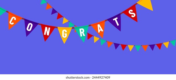 Congrats illustration with big white letters on flag garland on blue sky. Congratulations graduates vector background. Graduation design in fun flat modern style for celebrate grad.