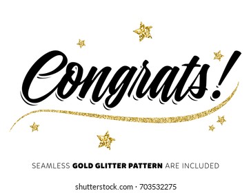 Inscripción de felicitaciones con Gold Stars. Letrería moderna de pincel vectorial. Carteles escritos a mano para felicitaciones tarjeta, póster, impresión, tarjeta de felicitación, invitación, cartel. Patrón de brillo dorado sin inconvenientes.