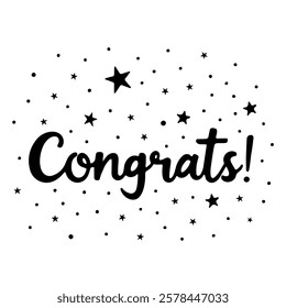 Congrats lettering in black calligraphy with decorative elements like stars and circles on a white background. Perfect for greeting cards, celebrations, and congratulatory designs.