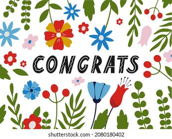 Congrats lettering c with floral decor elements, isolated on white background. Vector illustration with the inscription Congratulations