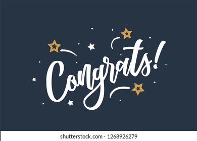 Congrats Lettering Card, Banner. Beautiful Greeting Scratched Calligraphy White Text Word Stars. Hand Drawn Invitation Print Design. Handwritten Modern Brush. Blue Background Isolated Vector