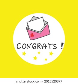 Congrats Lettering Celebration: Elevate your designs with hand-drawn 'Congrats' lettering. Featuring a letter blank paper illustration and a white circle on a vibrant yellow background, it adds a fest