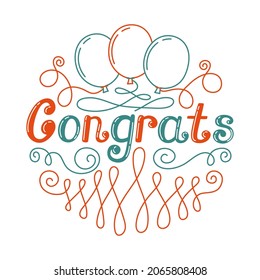 Congrats lettering. Color text for greeting card or baloon. Print for party. Line tracery
