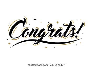 Congrats lettering. Congratulation text labels. Congrats letter hand writing ink logo. Congratulation sign decorated with golden brush and stars and congratulations. 