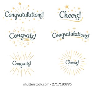 Glückwunsch. Glückwunsch Text Labels, Cheers Zeichen mit goldenen Burst und Sternen und Glückwünsche verziert. Glückwunsch Brief Hand schreiben Tinte Logo. Satz isolierter Vektorzeichen
