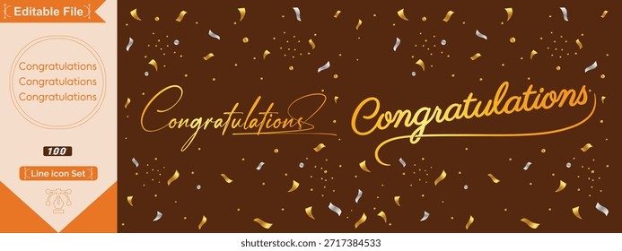 Congrats lettering. Congratulation text labels, cheers sign decorated with golden burst and stars and congratulations. Congratulate letter hand writing ink logo.