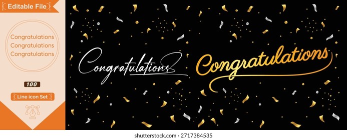 Congrats lettering. Congratulation text labels, cheers sign decorated with golden burst and stars and congratulations. Congratulate letter hand writing ink logo.
