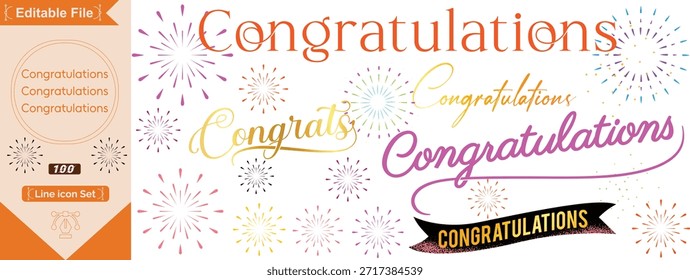 Congrats lettering. Congratulation text labels, cheers sign decorated with golden burst and stars and congratulations. Congratulate letter hand writing ink logo.