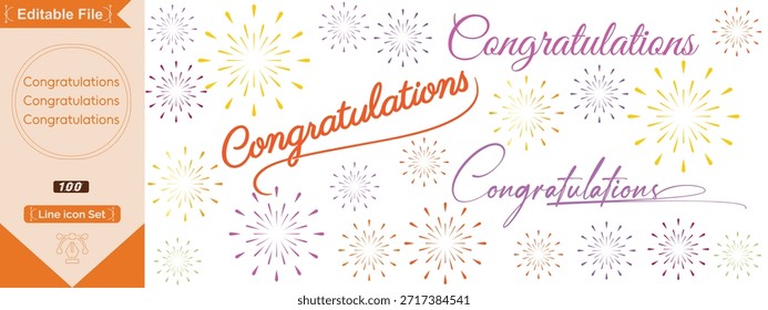Felicidades por las letras. Etiquetas de texto de felicitación, signo de alegría decorado con estallido de oro y estrellas y felicitaciones. Felicite a la letra de tinta de escritura a mano logotipo.
