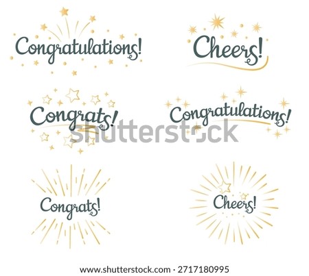 Congrats lettering. Congratulation text labels, cheers sign decorated with golden burst and stars and congratulations. Congratulate letter hand writing ink logo. Isolated vector signs set