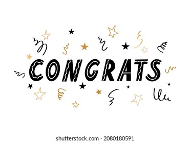 Congrats lettering isolated on white background. Vector illustration with the inscription Congratulations,stars and other elements