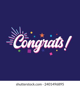 Congrats lettering vector illustration. Congratulating banner for graduation party, prom, congratulation ceremony, greeting card. Celebration elements, University, school, academy. Blue background.