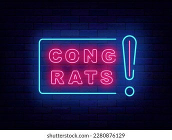 Congrats neon label. Blue frame with exclamation mark. Winnig and casino concept. Congratulations design. Geometric border. Birthday and anniversary. Vector stock illustration