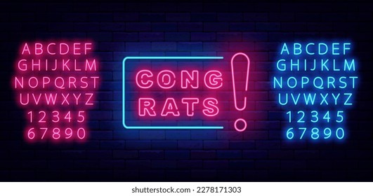 Congrats neon label with exclamation mark. Winnig and casino concept. Congratulations design. Geometric frame. Turquoise and pink alphabet. Birthday and anniversary. Vector stock illustration