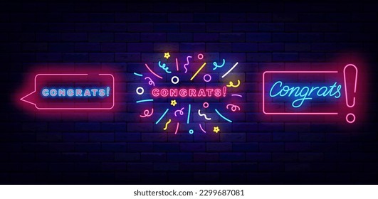 Congrats neon labels collection. Handwritten text. Speech bubble and confetti firework frames. Winnig and casino concept. Betting and poker club design. Surprise sign. Vector stock illustration