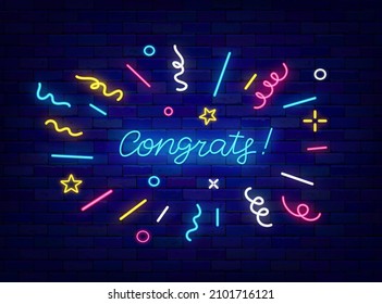 Congrats neon lettering with confetti frame. Streamer and sparkles exploding.Winner celebration. Glowing phrase. Glowing effect banner. Light greeting card on brick wall. Vector stock illustration