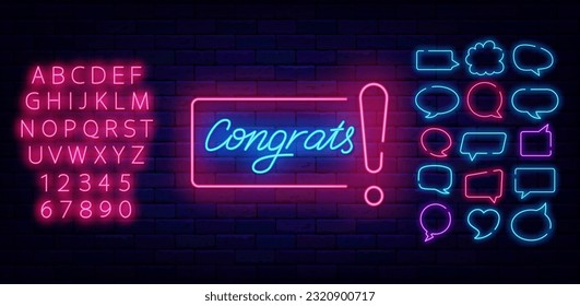 Congrats neon lettering. Speech bubbles frames collection. Winnig and casino. Congratulations design. Glowing pink alphabet. Birthday and anniversary. Surprise badge. Editing text. Vector illustration