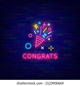 Congrats Neon Sign. Cracker With Confetti And Streamers. Glowing Greeting Card With Text. Laser Signboard. Celebration On Brick Wall. Light Phrase. Vector Stock Illustration