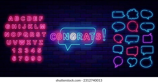 Congrats neon sign. Speech bubble frames collection. Shiny pink alphabet. Winning and casino concept. Present border. Betting and poker club design. Surprise label. Vector stock illustration