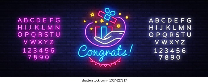 Congrats Neon Signboard Vector. Gift neon sign, design template, modern trend design, night neon signboard, night bright advertising, light banner, light art. Vector. Editing text neon sign