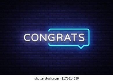 Congrats Neon Text Vector. Congrats neon sign, design template, modern trend design, night neon signboard, night bright advertising, light banner, light art. Vector illustration