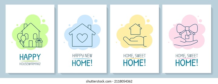 Congrats on happy housewarming postcard with linear glyph icon set. Greeting card with decorative vector design. Simple style poster with creative lineart illustration. Flyer with holiday wish