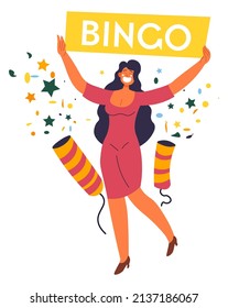 Congrats on winning lottery, isolated female character with sign and firecrackers. Celebration and victory, gambling and reward. Successful game and luck of players. Vector in flat style illustration