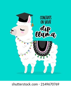 Herzlichen Glückwunsch zu Ihrem Diplompun - Smart Llama Student in Graduiertenkappe. Cute Alpaca-Charakter. Handgezeichnete Doodle für Kinder. Gut für Textilien, Schulsets, Wallpaper, Umschlagpapier, Kleidung.