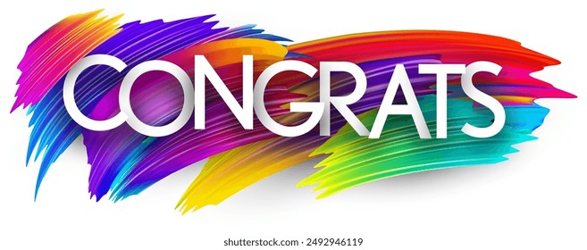 Congrats paper word sign with colorful spectrum paint brush strokes over white. Vector illustration.