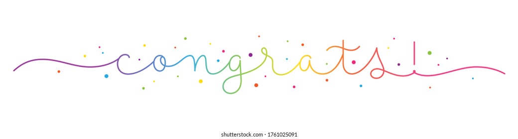 CONGRATS! rainbow gradient vector monoline calligraphy banner with colorful confetti