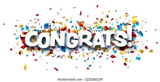 Congrats sign on colorful cut ribbon confetti background. Vector illustration.