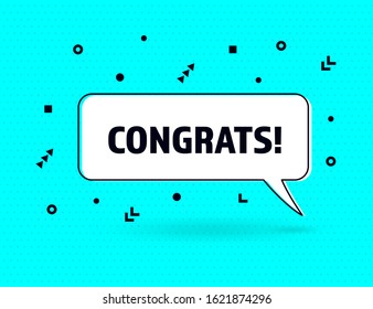 Congrats speech bubble banner, geometric memphis style concept, with text Congrats. Comic text poster and sticker with quote message Congrats. Explosion speech bubble prize design. Vector Illustration