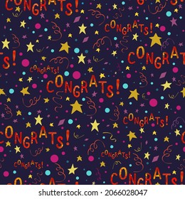 Congrats textured sign pattern with stars, ribbons and confetti on dark blue background. Vector endless texture
For greeting banner, wrapping paper, backgrounds, scrapbook paper.