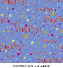 Congratas el patrón de signos texturados con estrellas, cintas y confeti en fondo azul. Textura sin vectores
Para banner de saludo, papel de envoltura, fondos, papel de libro de recortes.