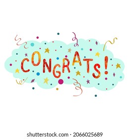 Congrats Textured Sign With Stars, Ribbons And Confetti On The Blue Cloud.
Vector Isolated Clipart. For Greeting Banner, Poster Or Steaker