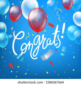 Felicitaciones. Tarjeta vectorial con globos y confetti colorido