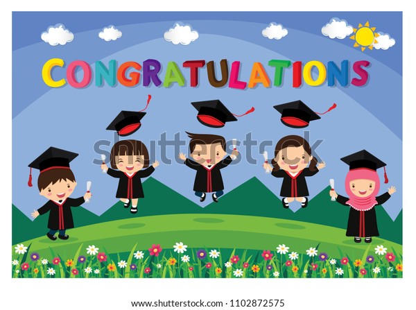 Congratulated Kids Graduatehappy Student Jumping Diploma Stock Vector ...