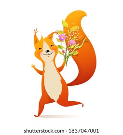 Felicitaciones con el grupo de Flowers Squirrel haciendo caricatura. Caricatura del estilo de las acuarelas vectoriales.