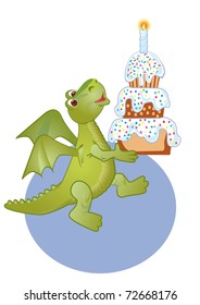 Congratulating on a birthday with a merry dragon and cake