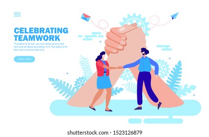Congratulating persons and celebrating teamwork and success together in front of joining hands vector illustration